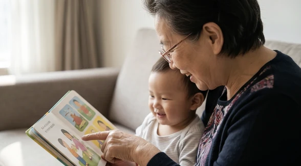 奶奶抱着孩子一起读绘本